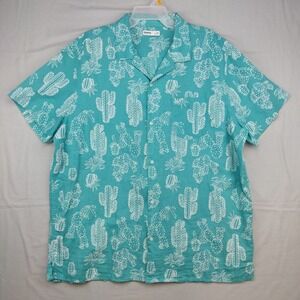 Sonoma Button Down Mens XXL Teal Cactus Print Linen Cotton Short Sleeve Shirt